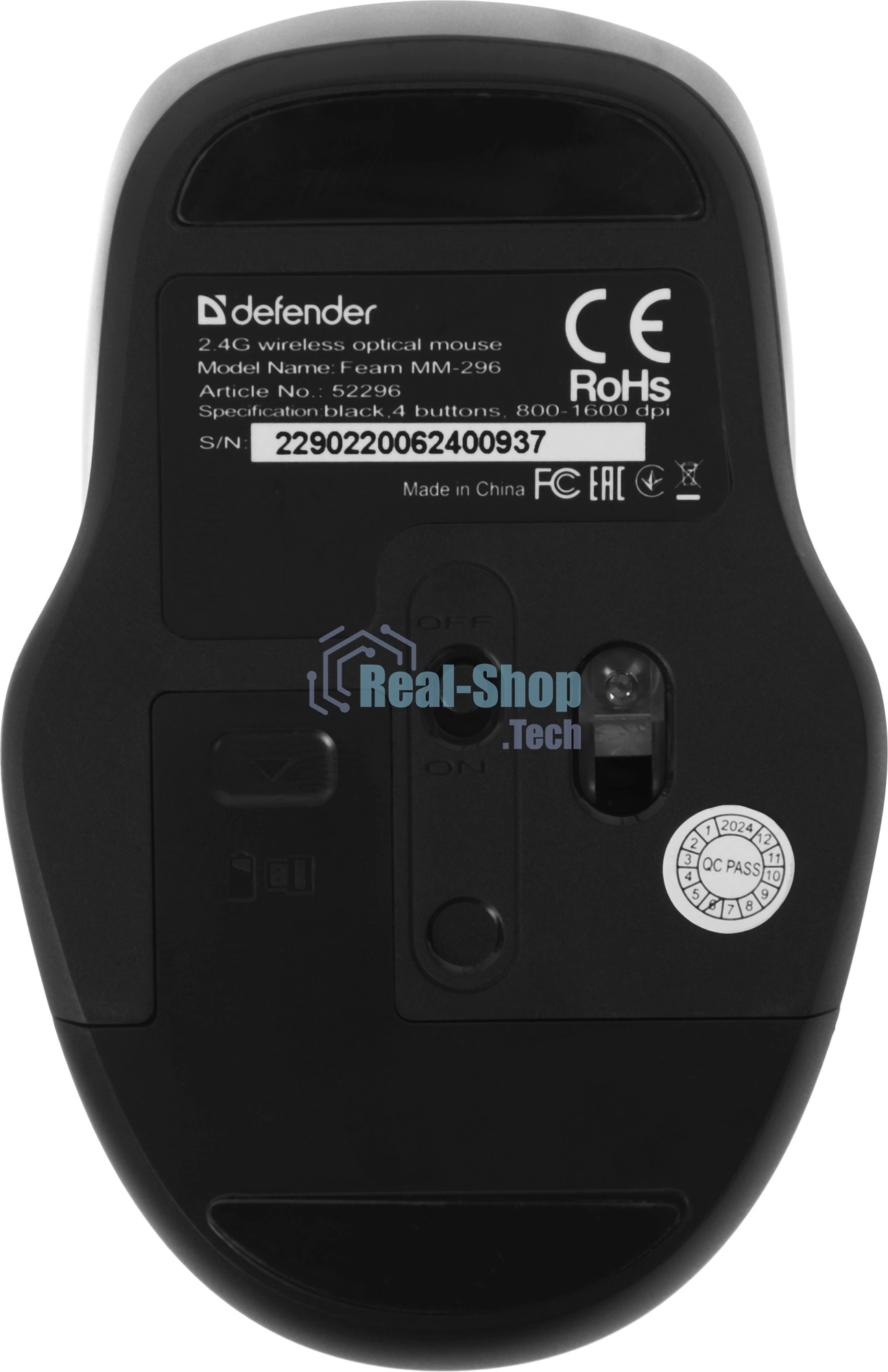 Мышь беспроводная Defender Feam MM-296 черный, 1600 dpi, радиоканал, USB, кнопки - 4