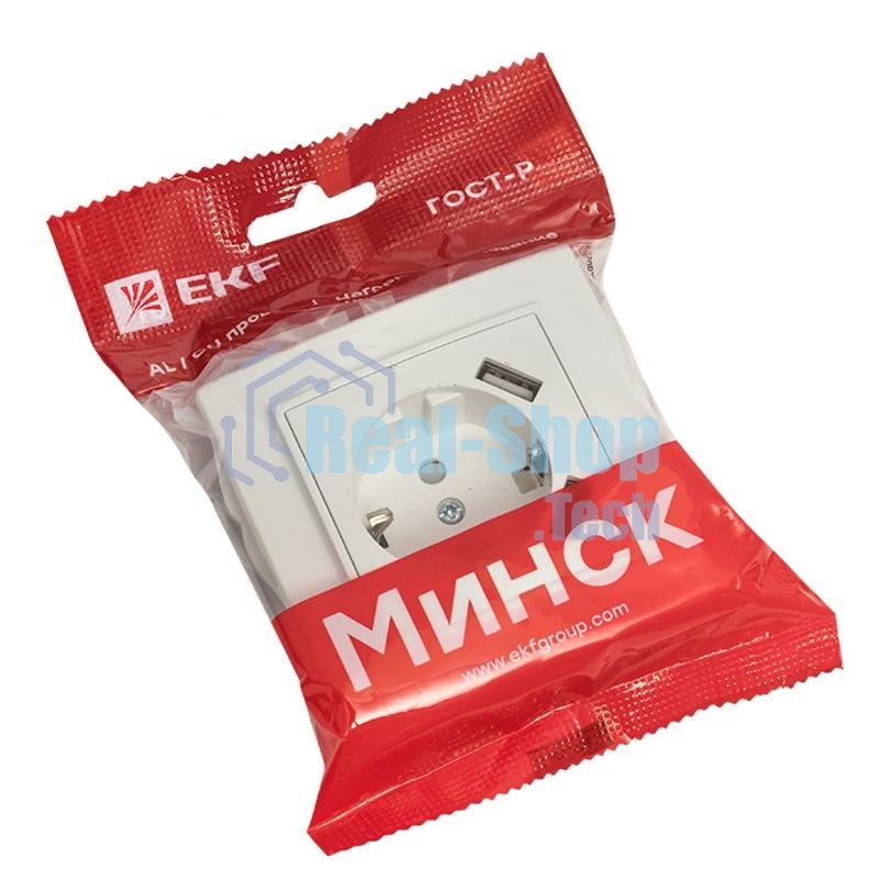 Розетка 1-местная СП с/з 16А белая с защ. штор. с 2 USB 2,1А EKF Минск