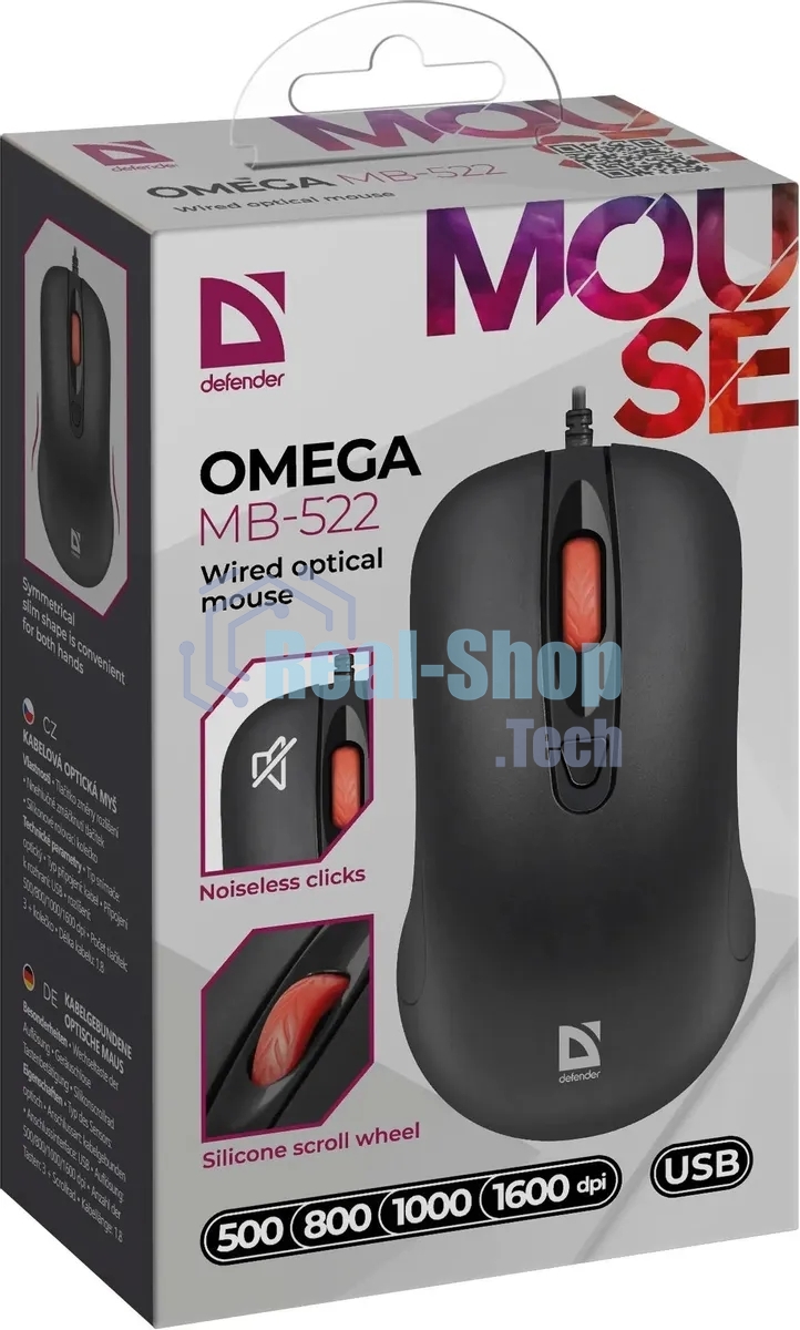 Мышь проводная Defender Omega MB-522 черный, 1600 dpi, USB, кнопки - 4