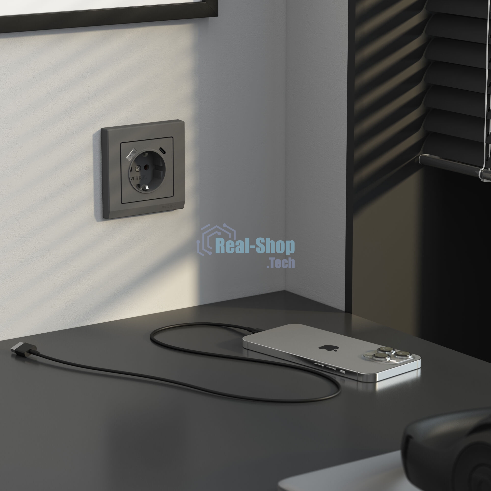 Розетка с заземлением, шторками и USB тип A+C  (графит матовый)