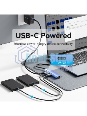 Сетевой адаптер Vention USB 3.0 M/Gigabit Ethernet RJ45+OTG хаб 3xUSB Синий - 0.15м.