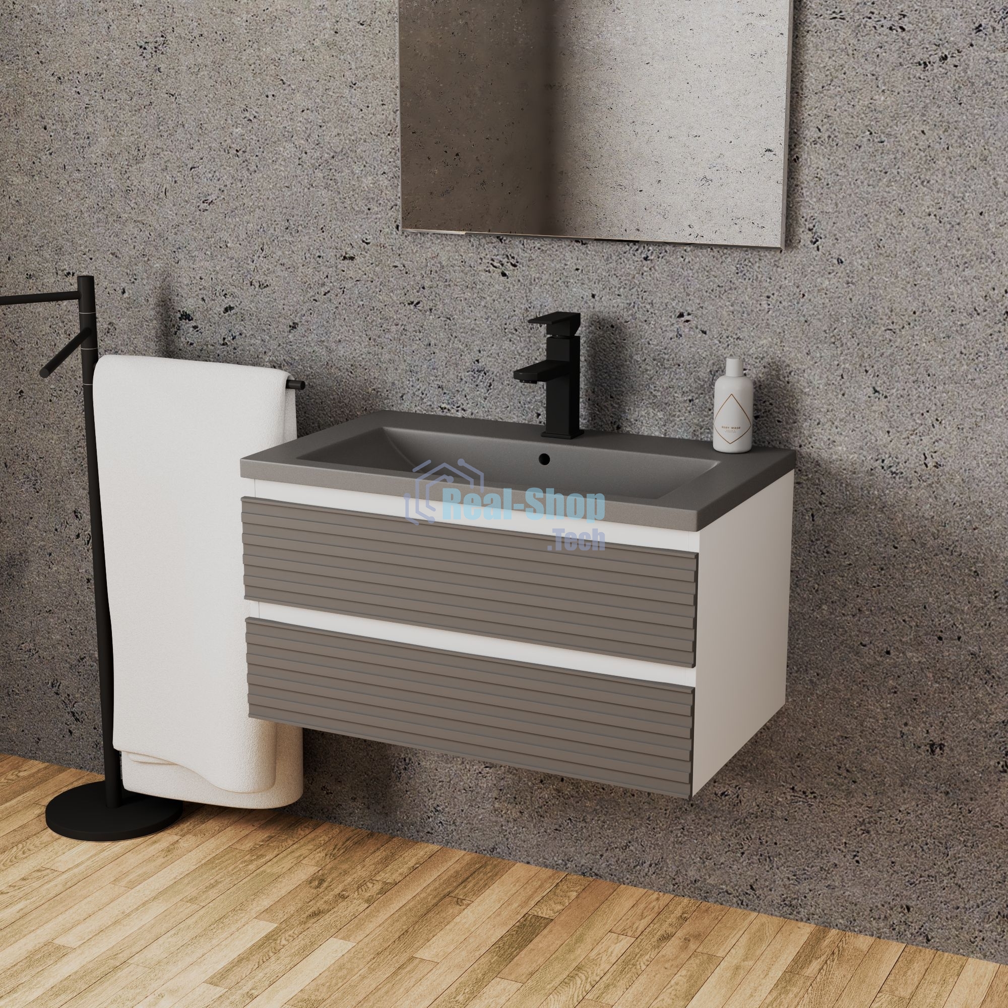 Тумба под раковину Bau Stil Loft grey brushed, раковина кварцевая BAU Stil 75, серый металлик
