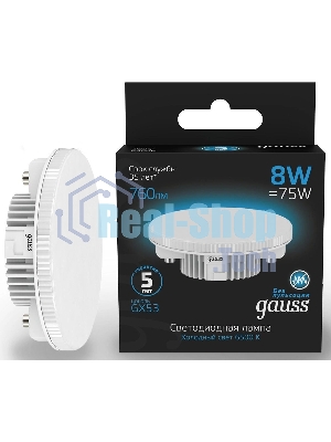 Лампа светодиодная Gauss 108008308 8Вт цок.: GX53 таблетка 150B 6500K св. свеч. бел. хол. GX53 (упак.: 1 шт)
