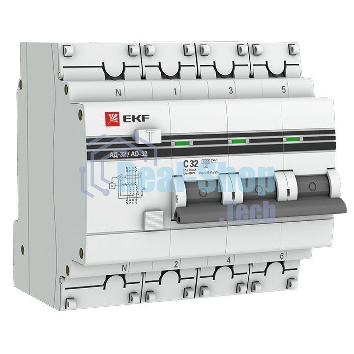 Выключатель автоматический дифференциального тока 3п+N C 32А 30мА тип AC 4.5kA АД-32 PROxima EKF DA32-32-30-4P-pro