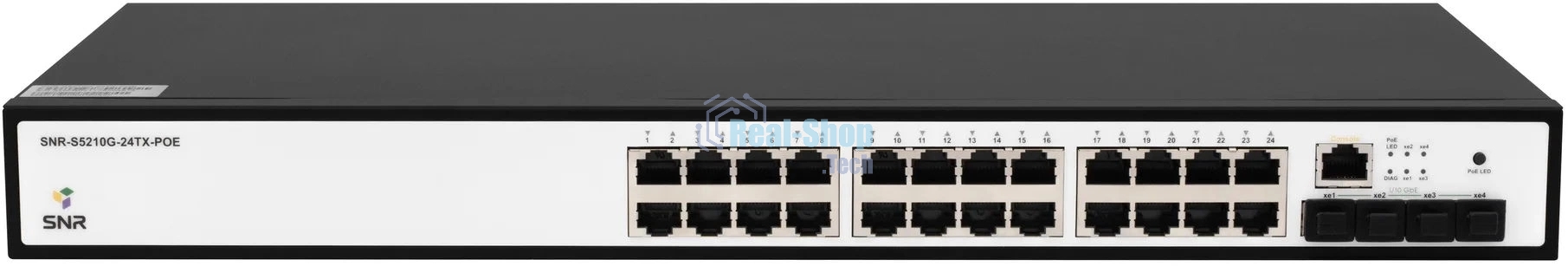 Управляемый коммутатор SNR уровня 2+, 24 порта 10/100/1000Base-T с поддержкой POE, 4 порта 1/10G SFP+, бюджет POE 370W