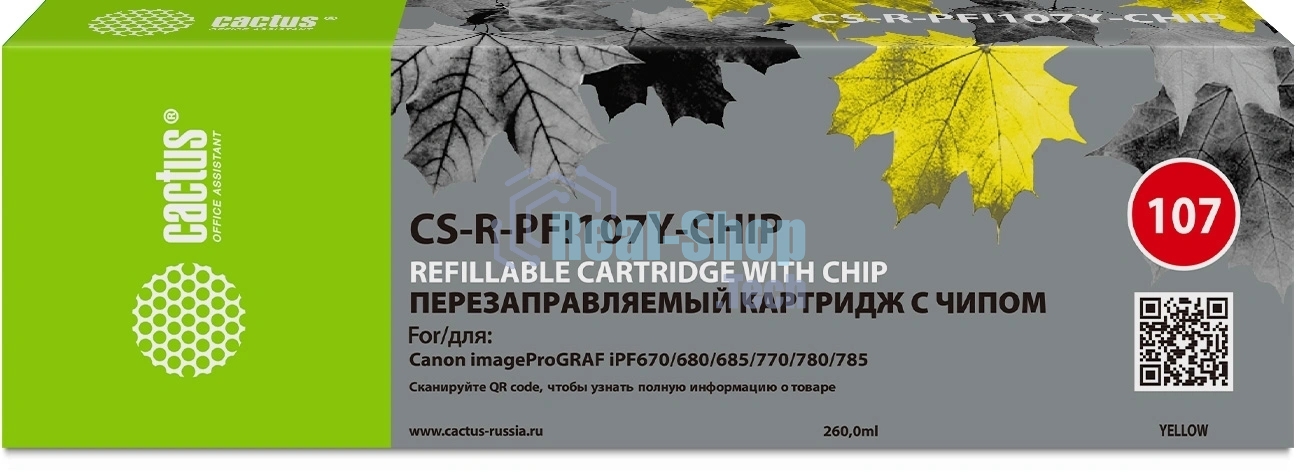 Картридж перезаправляемый струйный Cactus CS-R-PFI107Y-CHIP желтый (260мл) для Canon imageProGRAF iPF670/680/685/770/780/785 с чипом