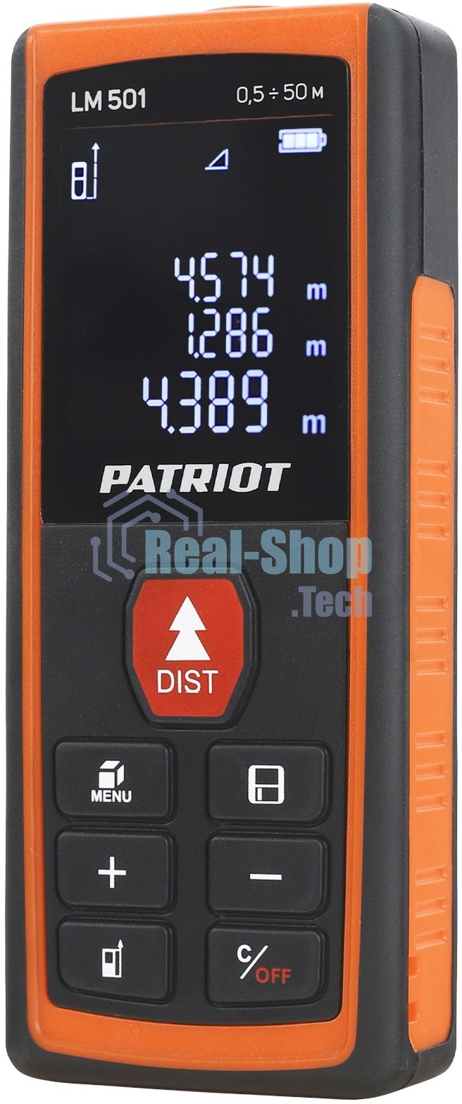 Дальномер лазерный PATRIOT LM 501, макс. дистанция 50 метров, измерение площади, объема, подсветка, память 30 изм., чехол в комплекте