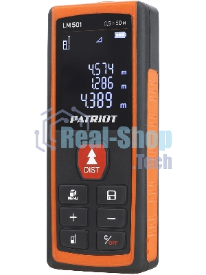 Дальномер лазерный PATRIOT LM 501, макс. дистанция 50 метров, измерение площади, объема, подсветка, память 30 изм., чехол в комплекте