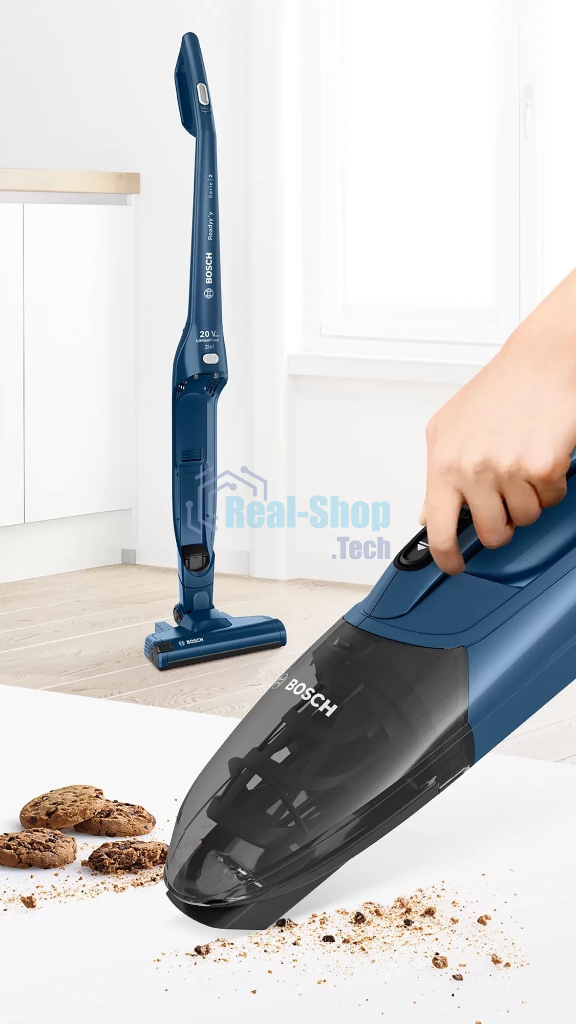 Пылесос вертикальный Bosch BCHF 2MX20 синий, питание от аккумулятора, 150 Вт, уборка сухая, пылесборник 0.4 л