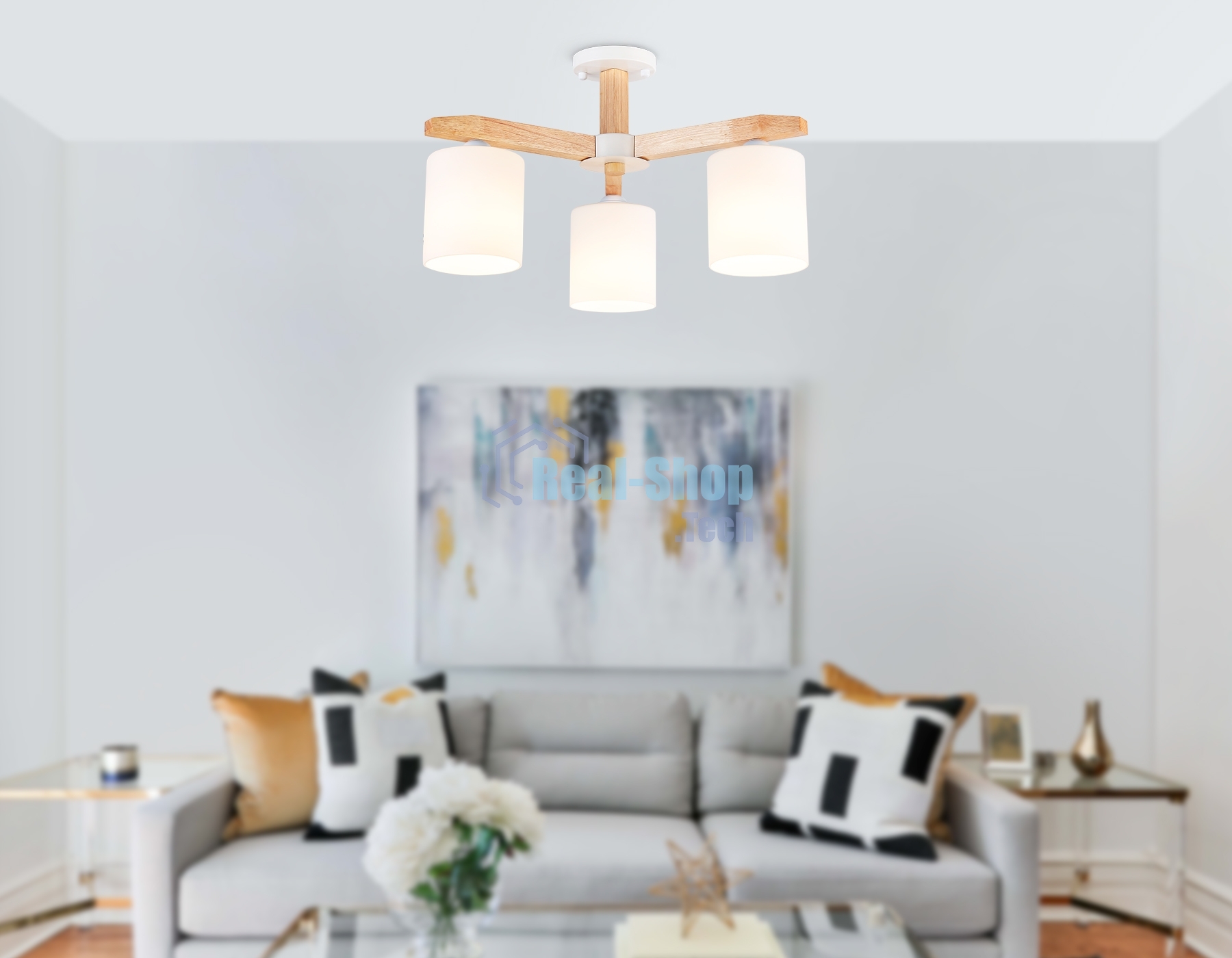 Светильник Ambrella light TR83112/3 WH/LW белый/светлое дерево E27/3 max 40W D580*320