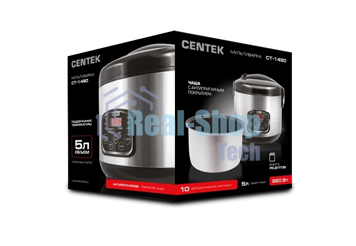 Мультиварка Centek CT-1490 (сталь)скороварка,1000Вт; 5.0л, 8 программ, ненагр крышка, а/п покр(4)