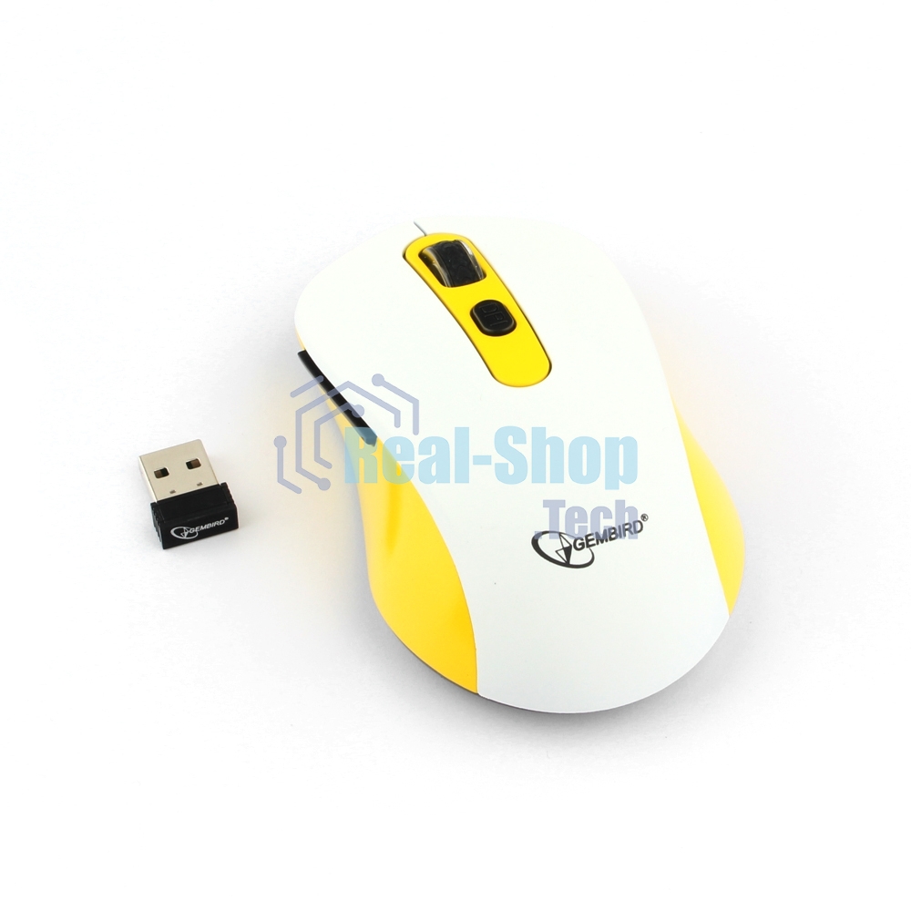 Мышь беспроводная Gembird MUSW-221-Y белый/желтый, 1600 dpi, радиоканал, USB, кнопки - 6