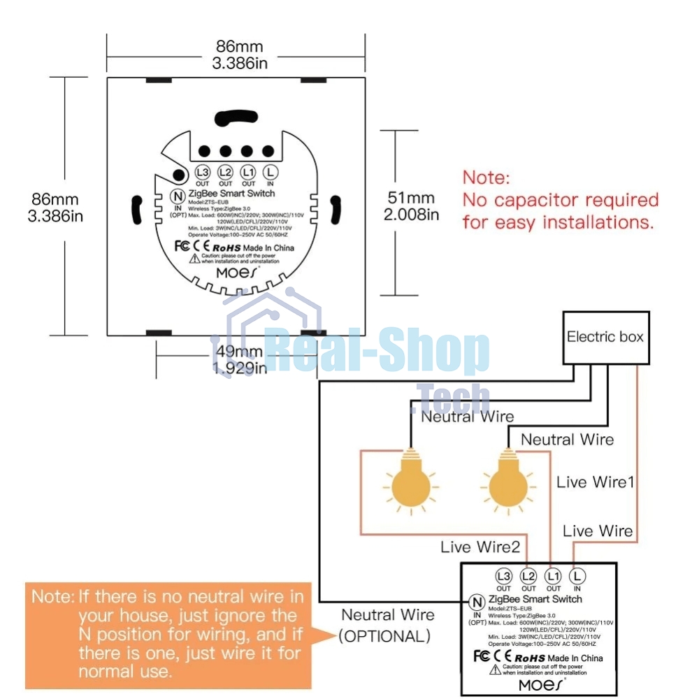Выключатель MOES Gang Smart Switch ZS-B-EU2, Zigbee, 95-250 В
