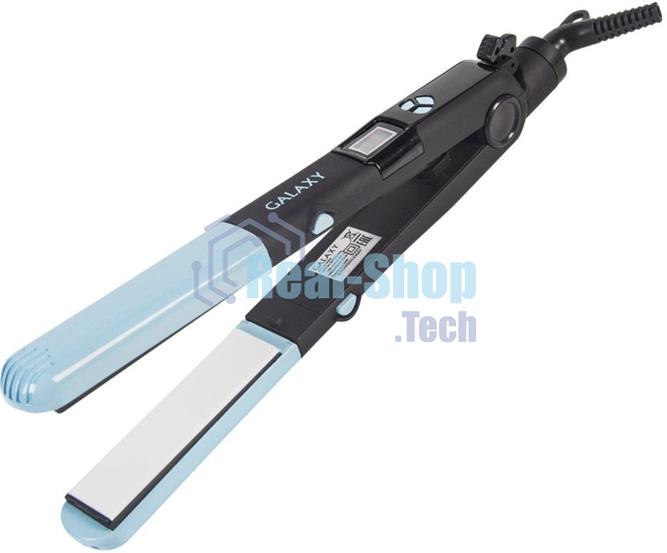 Щипцы для волос Galaxy GL 4505, голубой, 65 Вт, нагревательный элемент с защитой от перегрева, сменные пластины с керамическим покрытием: 89x27,5 мм и 89x57 мм, ЖК-дисплей с индикацией температуры, регулятор температурных режимов, шнур питания, вращающийс