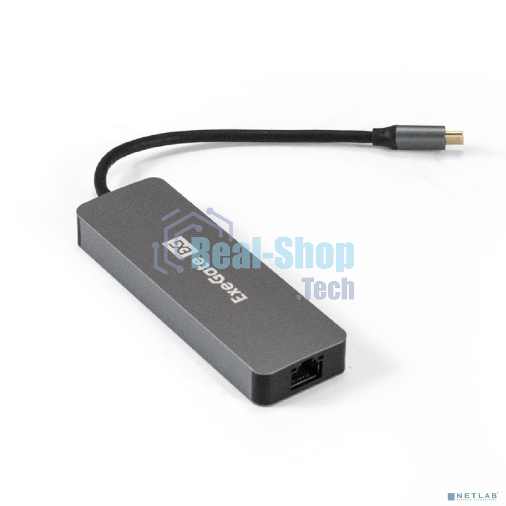 USB-концентратор ExeGate DUB-21C/PD/HL (кабель-адаптер USB Type-C --> 2xUSB3.0 + PD 100W + HDMI 4K@60Hz + Lan RJ45 10/100/1000Mb, Plug&Play, серая)