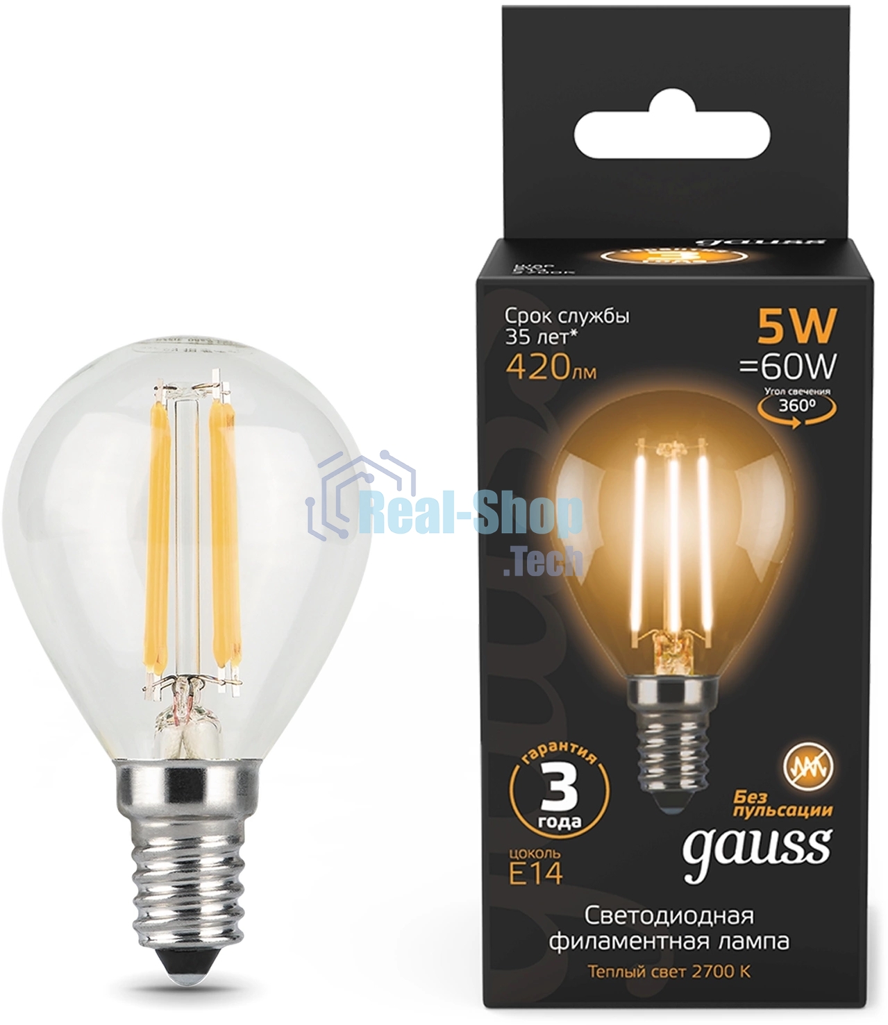 Лампа светодиодная филаментная Gauss Filament 5Вт цок.: E14 свеча 220B св. свеч. бел. теп. (упак.: 10 шт)