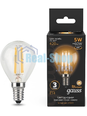 Лампа светодиодная филаментная Gauss Filament 5Вт цок.: E14 свеча 220B св. свеч. бел. теп. (упак.: 10 шт)