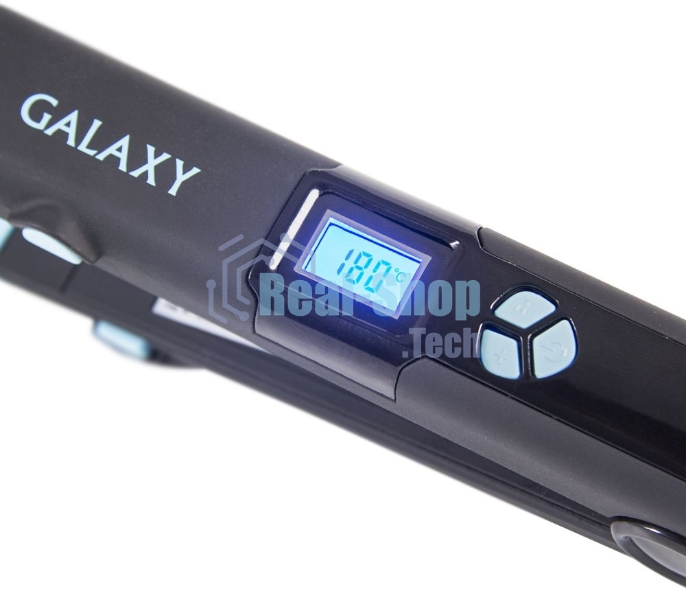 Щипцы для волос Galaxy GL 4505, голубой, 65 Вт, нагревательный элемент с защитой от перегрева, сменные пластины с керамическим покрытием: 89x27,5 мм и 89x57 мм, ЖК-дисплей с индикацией температуры, регулятор температурных режимов, шнур питания, вращающийс