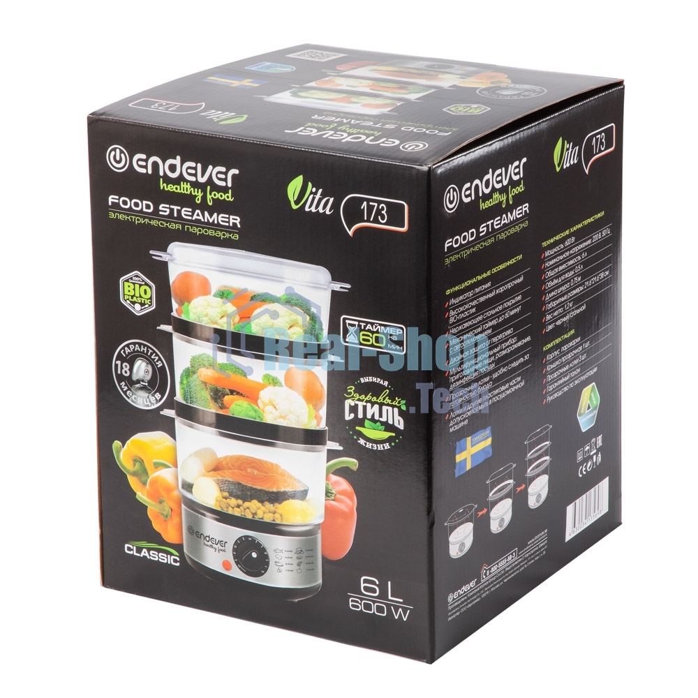 Пароварка Endever Vita-173 черный/стальной, 6 л, ярусы - 3, 800 Вт, механическое