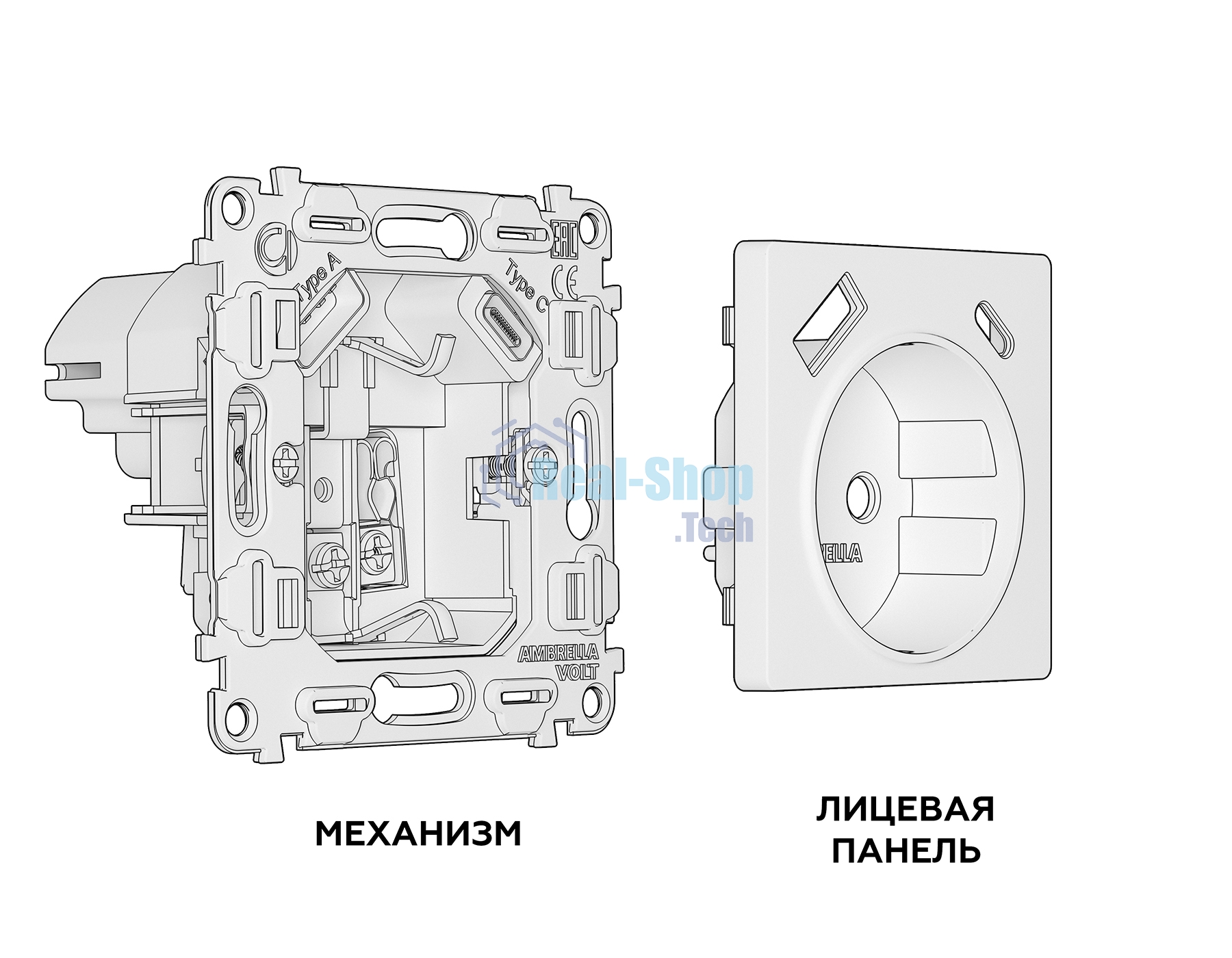 Комплект механизма электрической розетки ALFA Черный матовый 2USB A+C 20W (быстрая зарядка) с/з QUANT (AP8100, VM160) MA810010