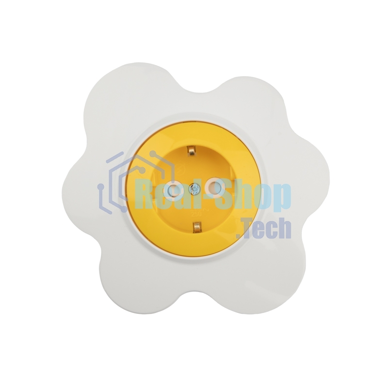 Розетка одноместная Kranz HAPPY Яичница скрытой установки, с заземлением и защитными шторками, желтая/белая