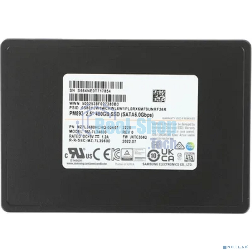 Накопитель SSD Samsung PM893, 480Gb, SATA III, 2.5
