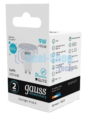 Лампа светодиодная Gauss Spotlight Elementary 9Вт цок.: GU10 спот 220B 4100K св. свеч. бел. нейт. MR16 (упак.: 10 шт) (13629)