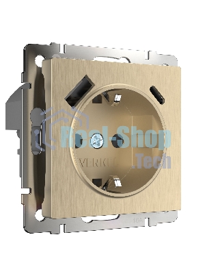 Розетка с заземлением, шторками и USB тип A+C (шампань рифленый )