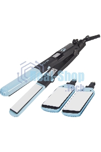 Щипцы для волос Galaxy GL 4505, голубой, 65 Вт, нагревательный элемент с защитой от перегрева, сменные пластины с керамическим покрытием: 89x27,5 мм и 89x57 мм, ЖК-дисплей с индикацией температуры, регулятор температурных режимов, шнур питания, вращающийс