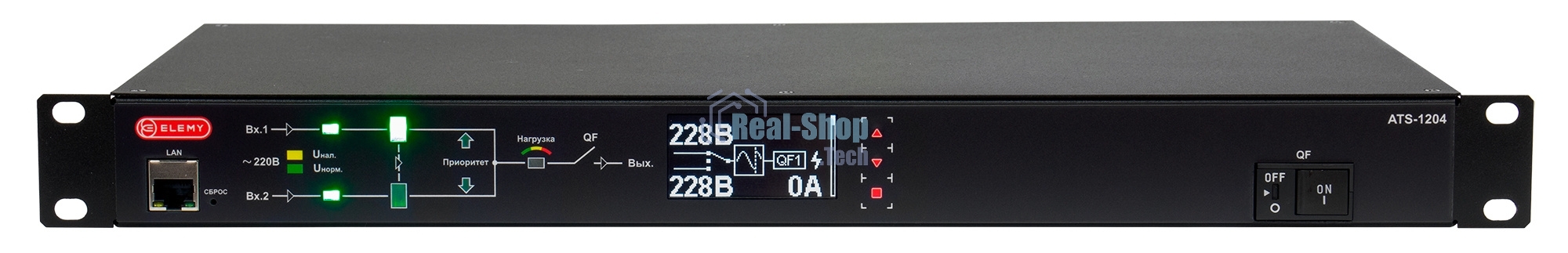 Автоматический ввод резерва ELEMY RACK ATS, 1U, 220В, 32А, OLED, Ethernet, in (2) IEC309, out (2) C19 (9) C13