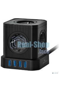 Сетевой фильтр Cablexpert Tower, TWR-5-U4-B-3, 5 р, 10А, 4хUSB, 3.1А, 3 м, ур.защиты 4+, черный, коробка