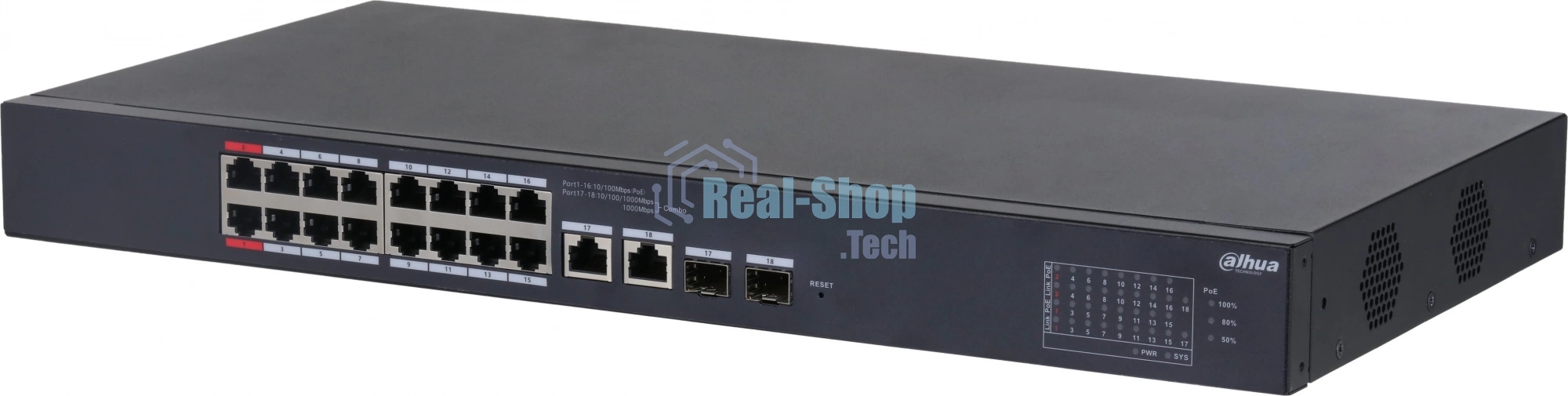 Коммутатор Dahua DH-CS4218-16ET-240, 16×100 Мбит/с + 2×1 Гбит/с Combo + 2×1 Гбит/с SFP, управляемый