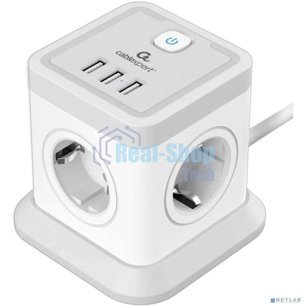 Сетевой фильтр Cablexpert Tower, TWR-4-U3-W-3, 4 р, 10А, 3xUSB, 3.1А, 3 м, ур.защиты 2+, белый, коробка