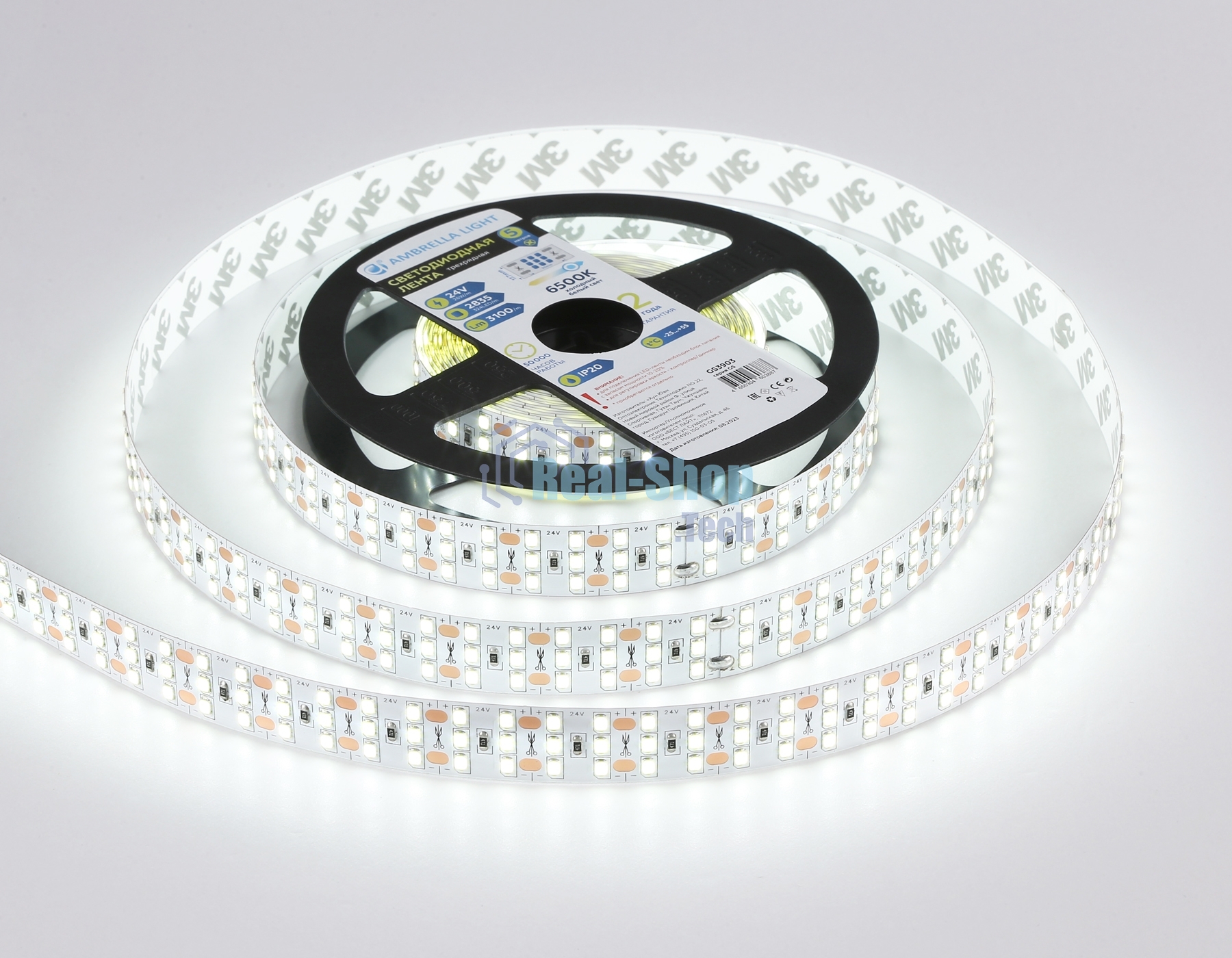 Светодиодная лента Ambrella light GS3903 2835 324Led/ 26W m/ 24V IP20 6500K/ 5000*18*1.2mm (2 конт.)