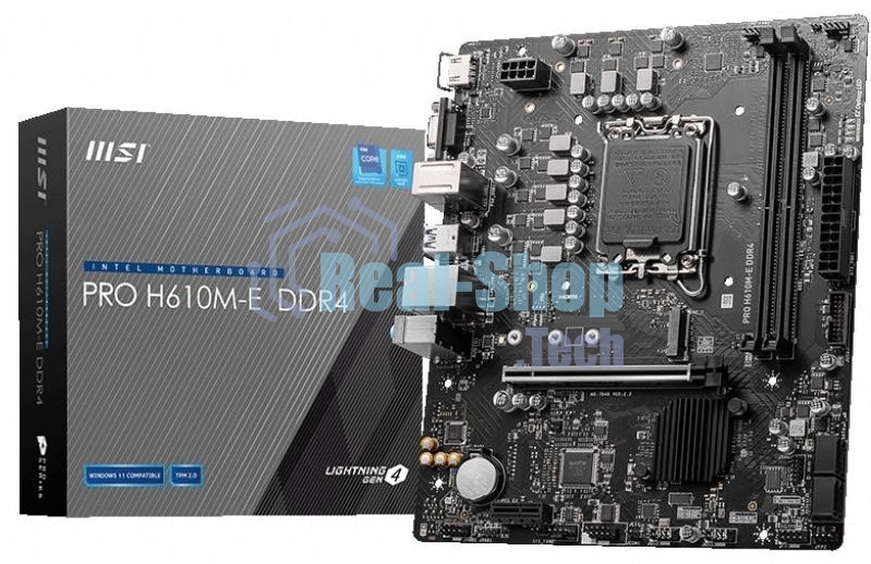 Материнская плата MSI PRO H610M-E DDR4, LGA 1700, Intel H610, 2xDDR4, 4xSATA, 1xM.2, 1xPCIe 4.0 x16, 1xPCIe 4.0 x1, 1xHDMI, 1xVGA, 1xRJ45 1Gb, 2xUSB-A 3.2 Gen 1, 4xUSB-A 2.0, 3x3.5мм, 7.1, mATX