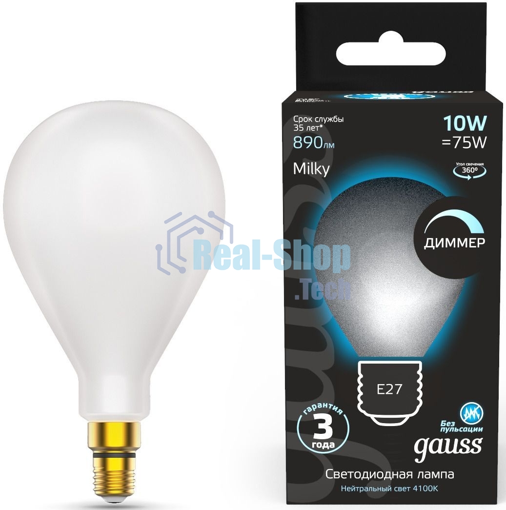 Лампа cветодиодная Gauss Filament А160 10W 890lm 4100К Е27 milky диммируемая LED