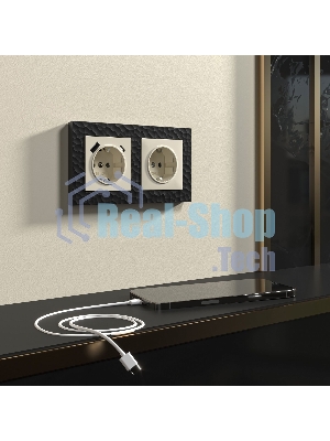 Розетка с заземлением, шторками и USB тип A+C (слоновая кость)