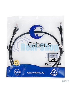 Шнур коммутационный Cabeus, Cat.5e, неэкр., U/UTP, RJ45/RJ45, PVC, AWG24, 1м, черный
