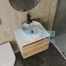 Комплект: тумба Bau Dream Blackwood 60, 1 ящик, Раковина круглая накладная BAU Element D41, мрамор, смеситель Hotel Black, черный матовый, выпуск клик клак черный
