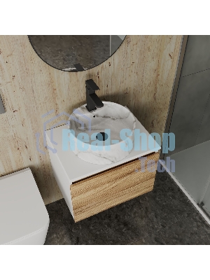 Комплект: тумба Bau Dream Blackwood 60, 1 ящик, Раковина круглая накладная BAU Element D41, мрамор, смеситель Hotel Black, черный матовый, выпуск клик клак черный