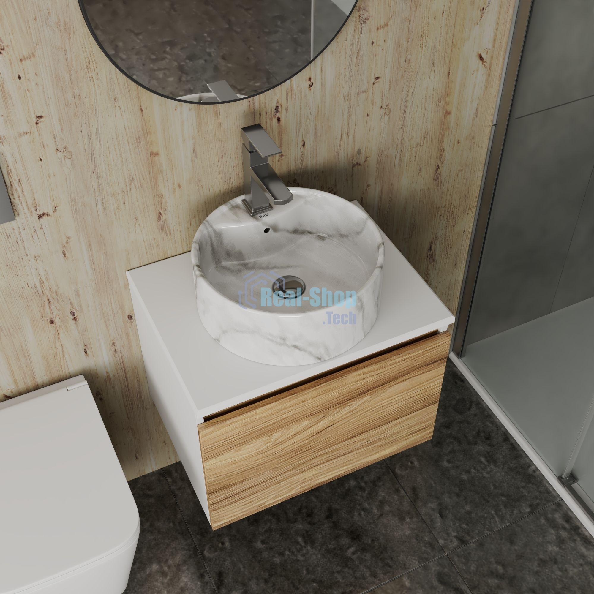 Комплект: тумба Bau Dream Blackwood 60, 1 ящик, Раковина круглая накладная BAU Element D41, мрамор, смеситель Hotel Stil, нерж сталь, выпуск клик клак хром