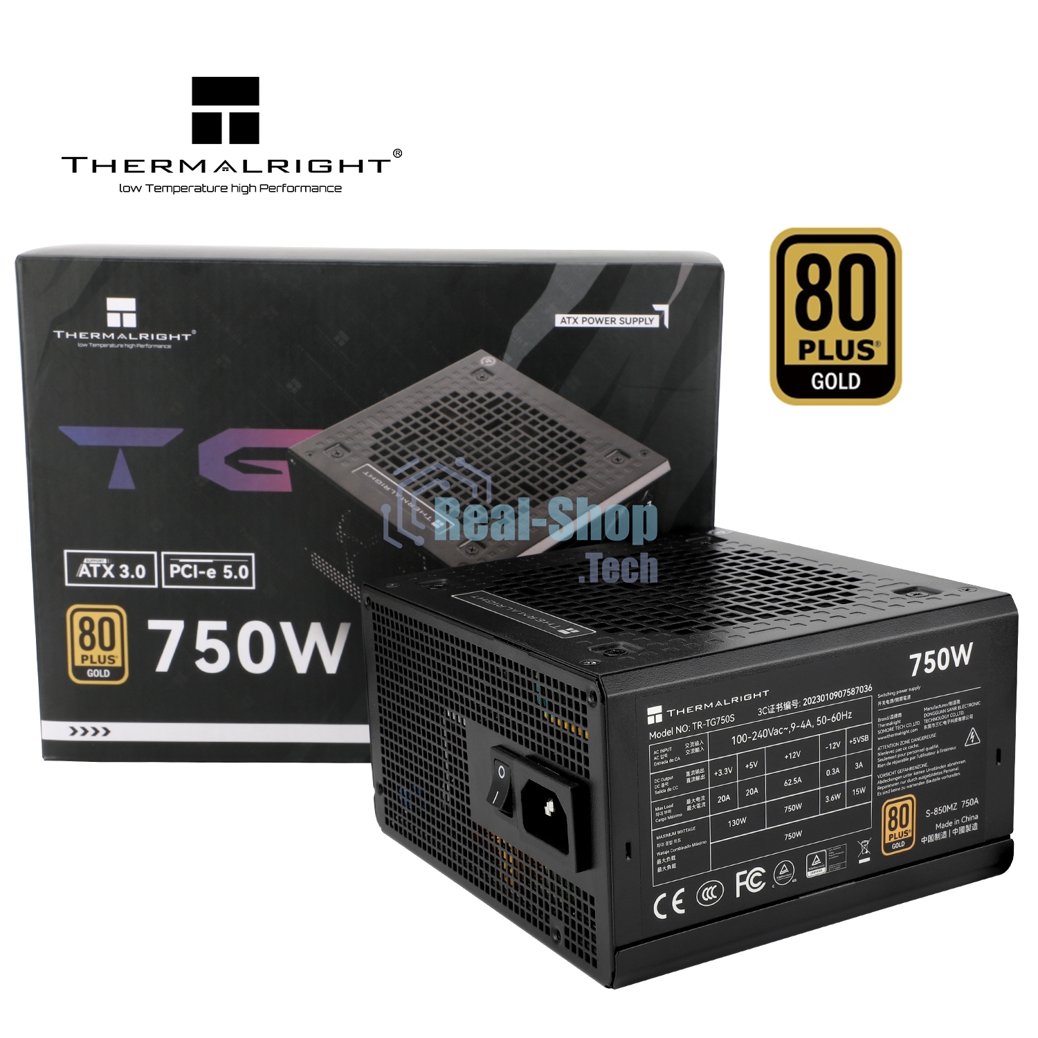 Блок питания Thermalright, 750W 80+ Gold (ATX, 3.0, PCIe 5.0, Non-modular, 1x24(20+4)pin, 1xCPU 8(4+4)pin, 2xPCIe*2 8(6+2)pin, 5xSATA3, 1x12+4pin (12VHPWR PCIe 5.0 12+4pin 600mm), 3xMOLEX4pin, Active, 120x120мм, 150x140x86mm, APFC, black)