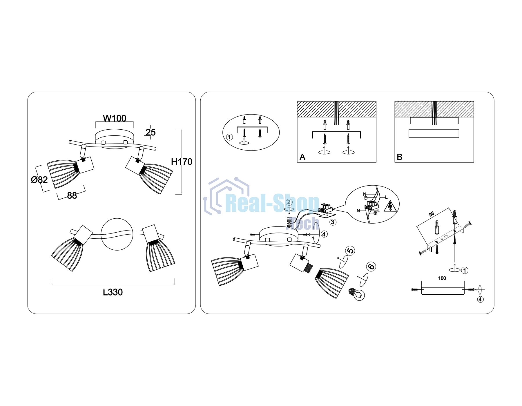 Светильник Ambrella light TR8660/2 BK/GD черный/золото E14/2 max 60W 330*100*170
