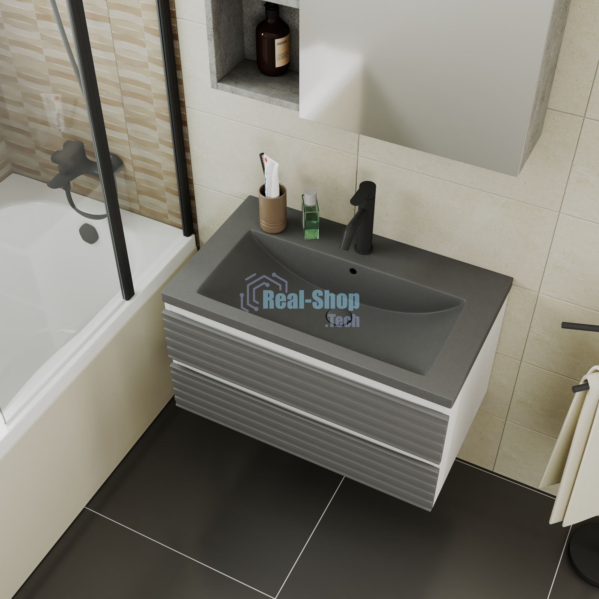 Тумба под раковину Bau Stil Loft grey brushed, раковина кварцевая BAU Stil 75, серый металлик