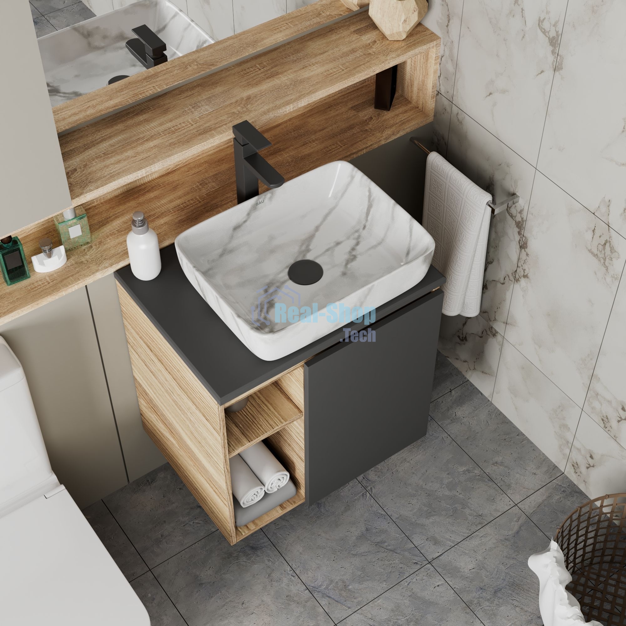 Тумба Bau Dream Blackwood 60 правая, графит, раковина BAU Hotel 51х39, мрамор, смеситель для раковины высокий Hotel Black, черный, выпуск клик клак, черный
