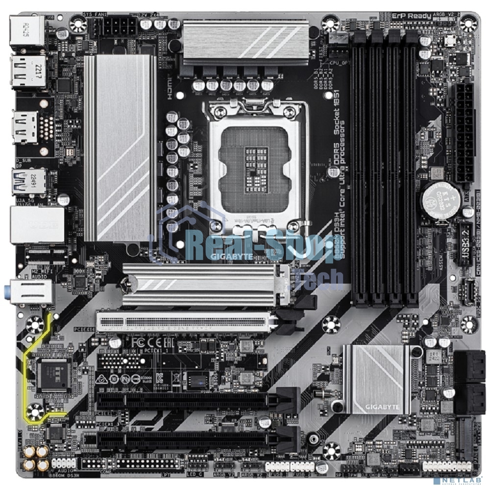 Материнская плата Gigabyte B860M DS3H (rev. 1.0), LGA1851, Intel B860, 4xDDR5, 4xSATA, 2xM.2, 1xPCIe 5.0 x16, 2xPCIe 4.0 x1, 2xDP, 1xHDMI, 1x2.5Gb LAN, 1xUSB-C 10Gbps, 2xUSB-A 10Gbps, 6xUSB-A 5Gbps, 7xUSB-A 2.0, 3x3.5мм, 7.1, mATX
