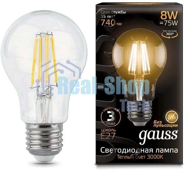 Лампа светодиодная Gauss Filament A60 E27 8Вт 2700К