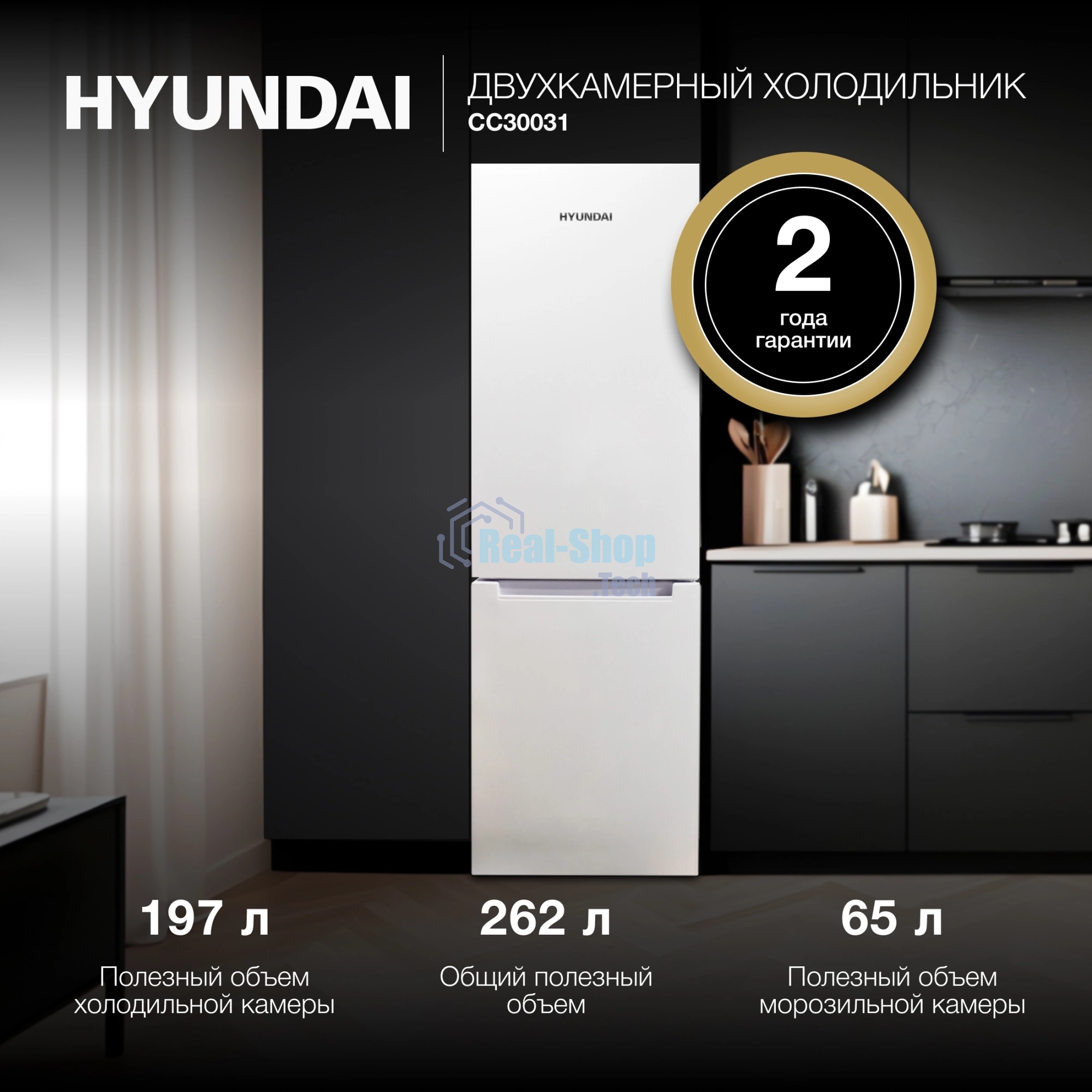 Холодильник Hyundai CC30031 белый двухкамерный 194/102л морозилка снизу