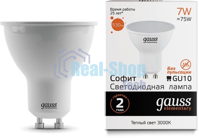 Лампа светодиодная Gauss Elementary MR16 7Вт цок.: GU10 спот 220B 3000K св. свеч. бел. теп. (упак.: 10 шт)