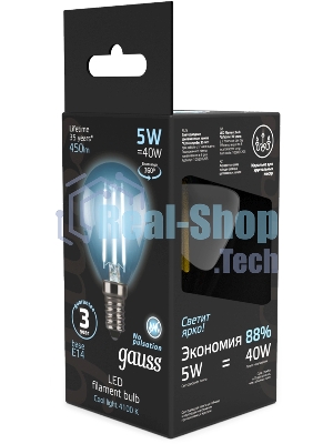 Лампа светодиодная филаментная Gauss Filament 5Вт цок.: E14 свеча 220B св. свеч. бел.нейт. (упак.: 10 шт)